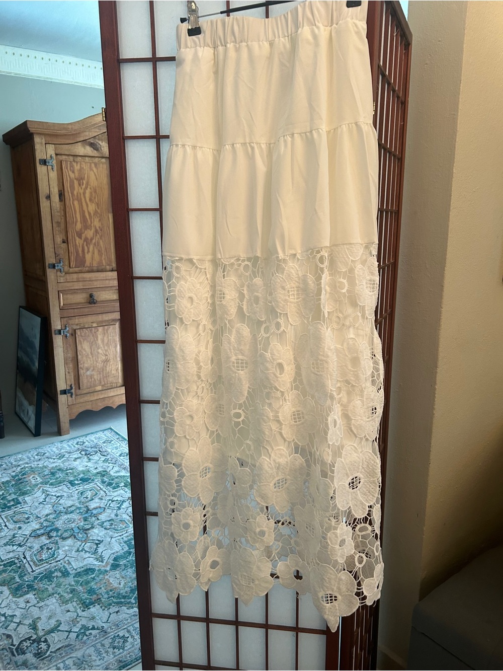 Ivory Floral Lace Maxi Skirt with Elastic Waistband